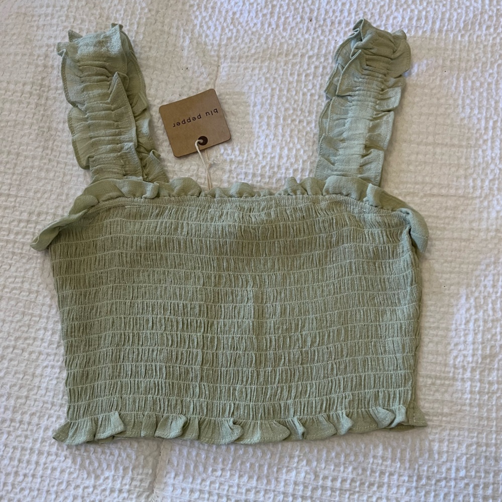 NWT Smocked Crop Tank with Flutter Sleeves in Light Green